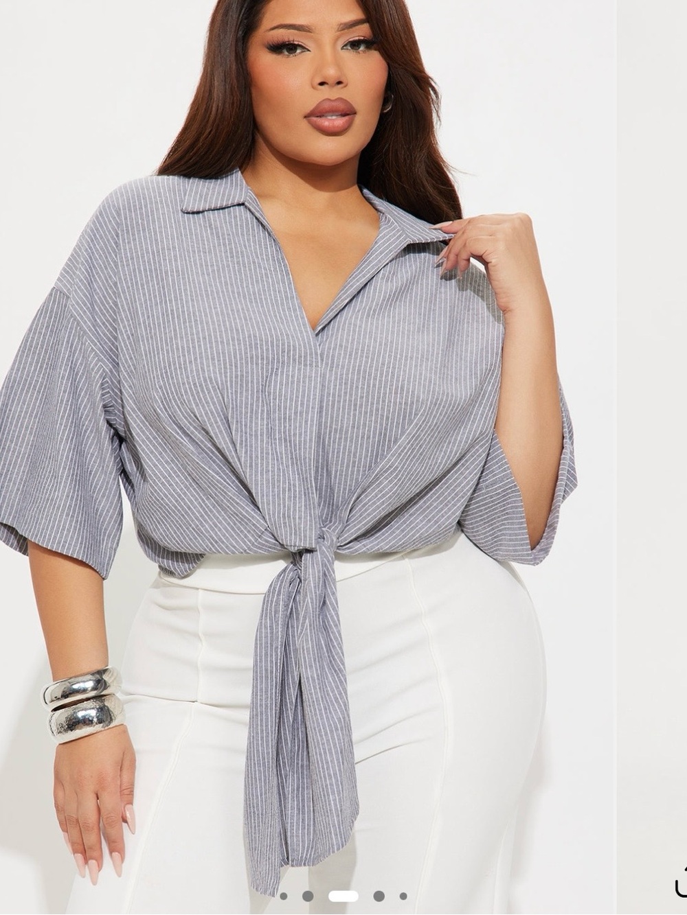 Tie-Front Striped Collared Top - Gray